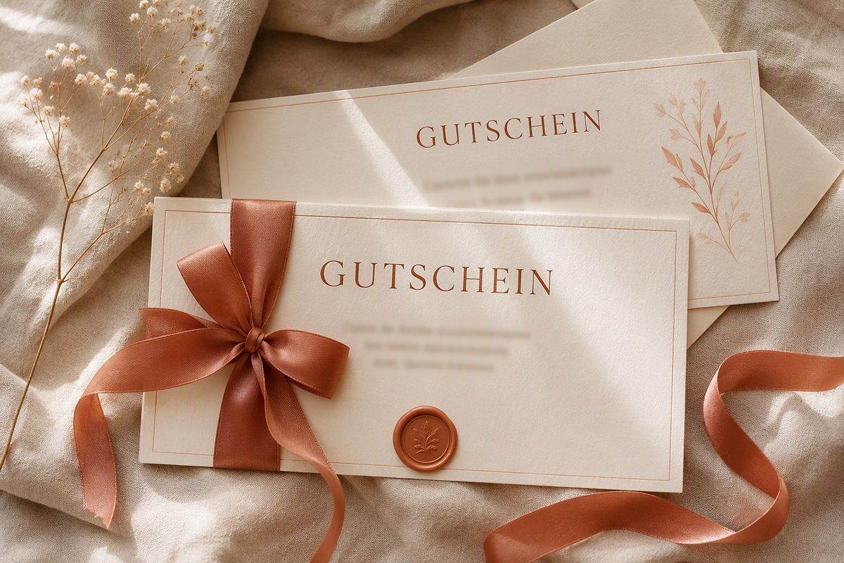 Bedruckte Gutscheinkarten mit farbigem Band und Wachssiegel