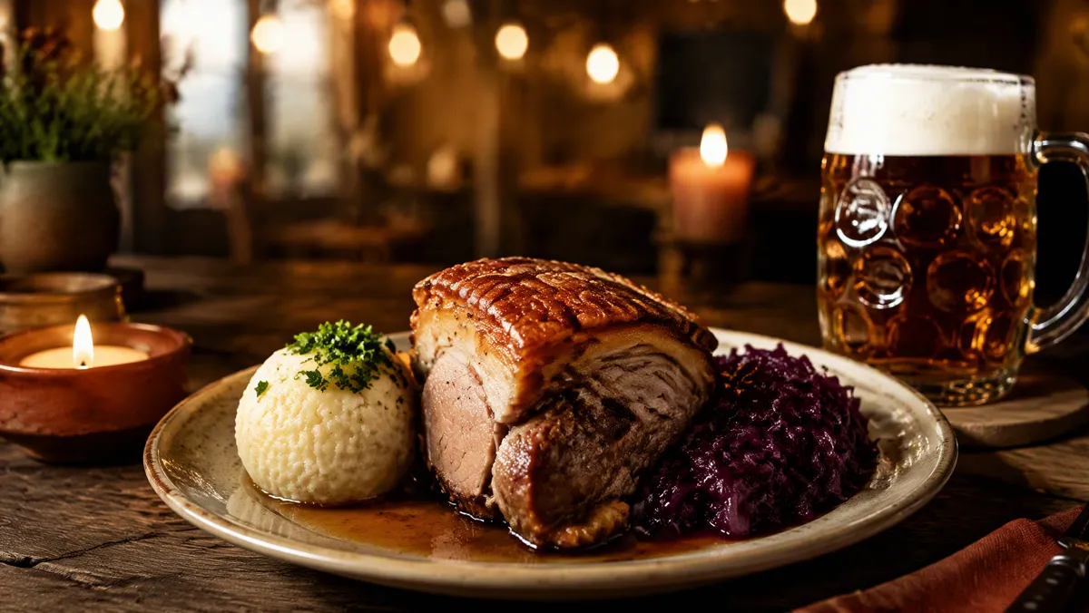Schweinsbraten mit Knödel und Bier im Wirtshaus